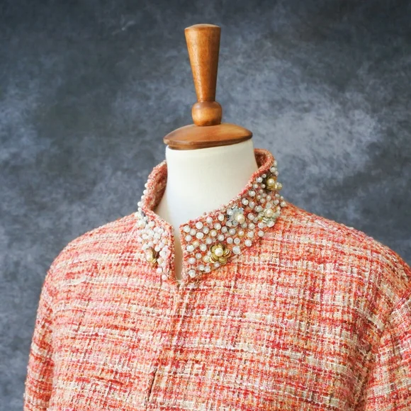 NWT Chico's Tweed Orange Boucle Pearl Sequin Collar Jacket Size 3 US Size L